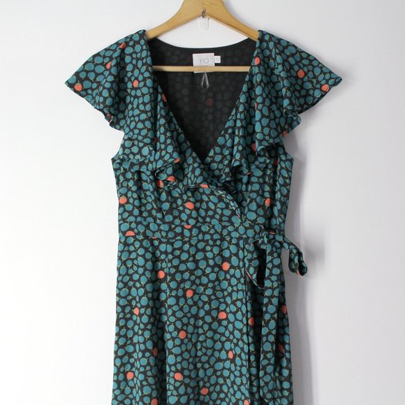 Anthropologie HD in Paris Dress Sz 0 Black Green Floral Faux Wrap ruffle V-neck - Picture 4 of 15